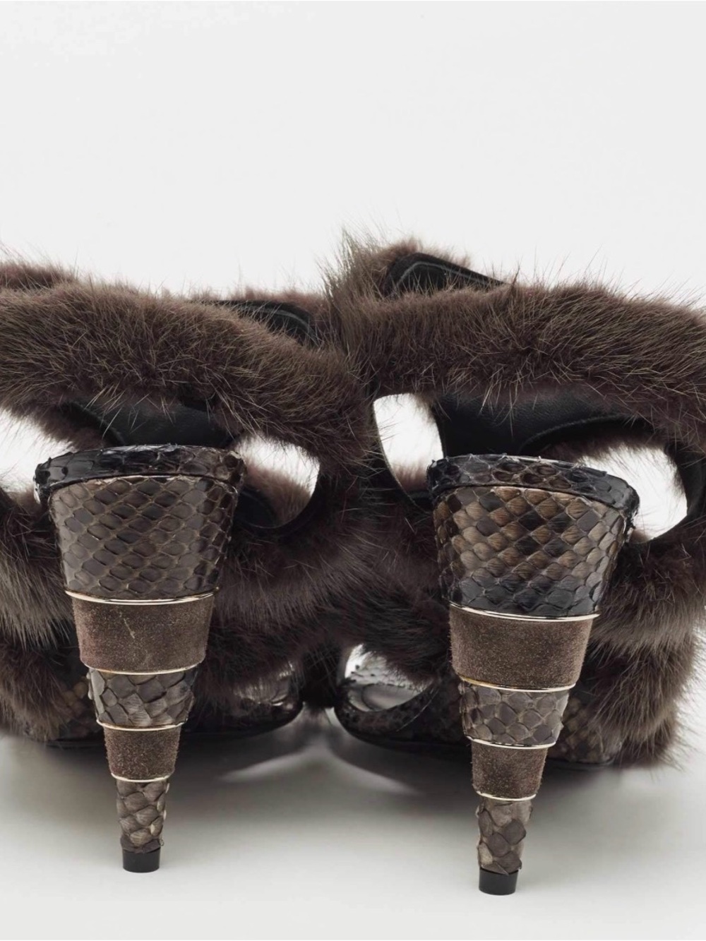 Salvatore Ferragamo Dark Grey Mink Fur and Python Leather Cage Sandals. - Picture 4 of 10